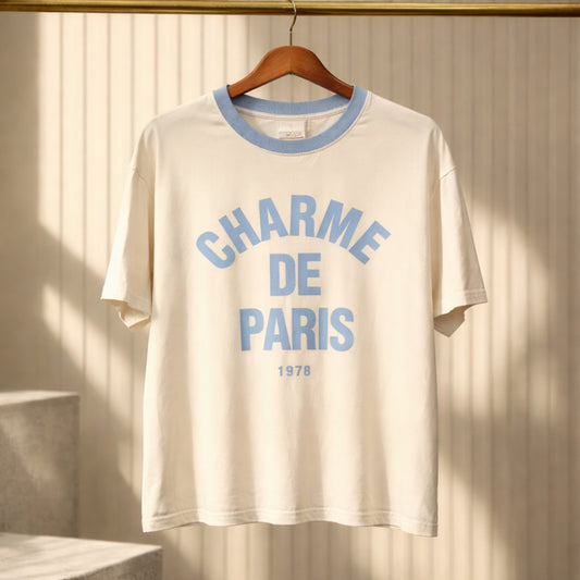 T-Shirt „Charme de Paris“ – französischer Chic in Creme & Blau Shirt V. Milano