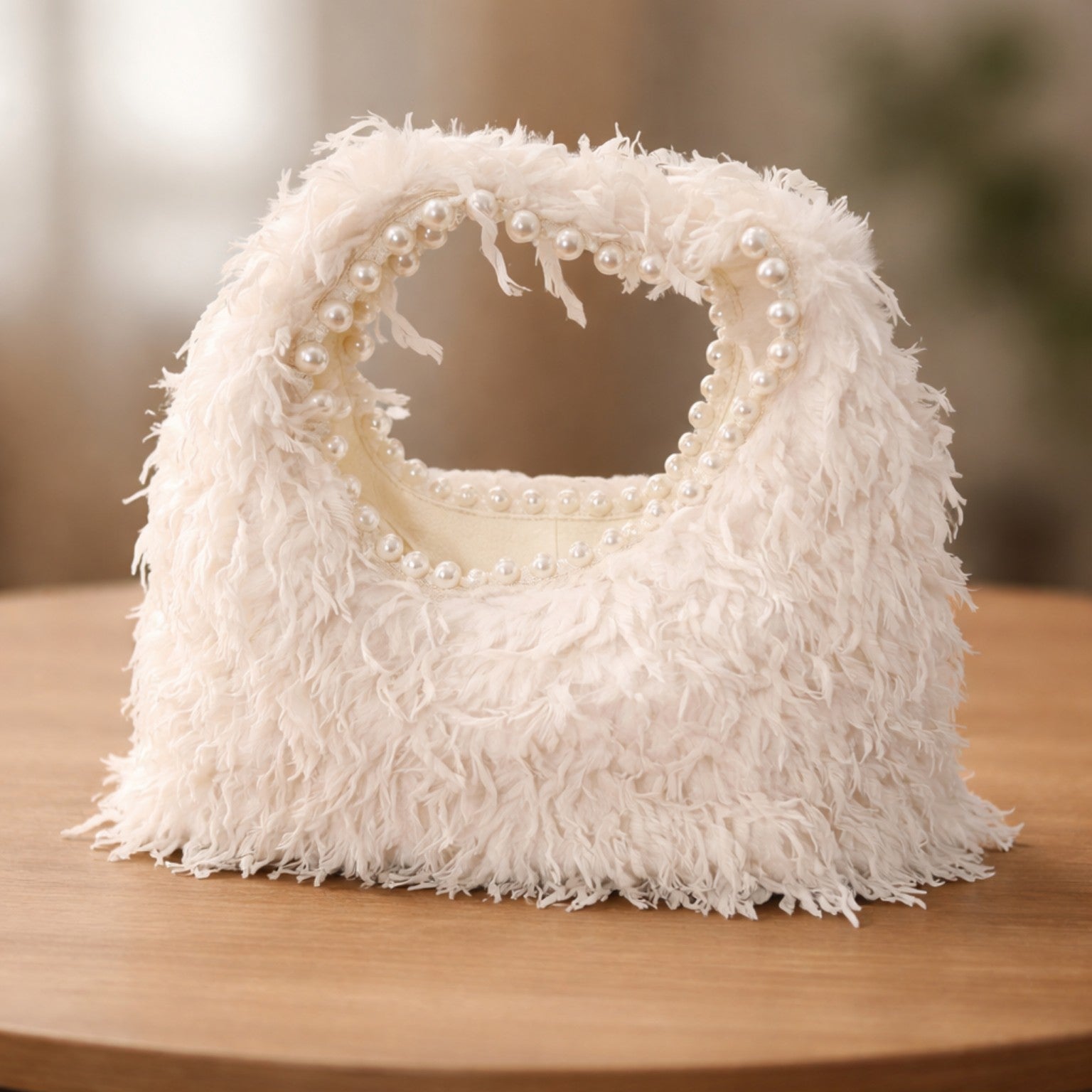 Perlen Tasche in Creme mit zarter Federoptik Tasche Das Zierwerk