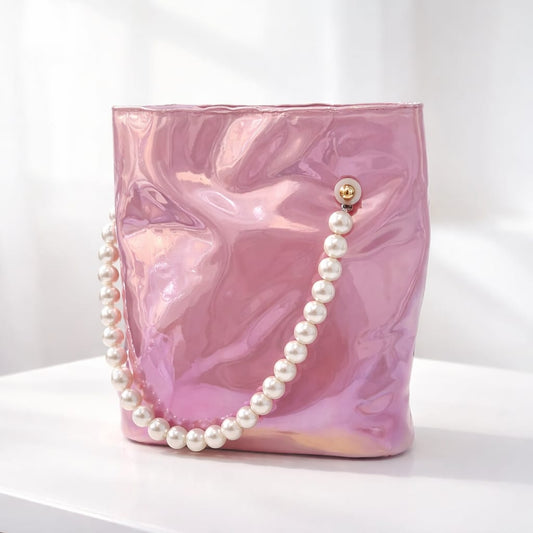 Glasvase „Pearl Bag“ – große Designvase in Rosé mit Perlenkette Vase Das Zierwerk