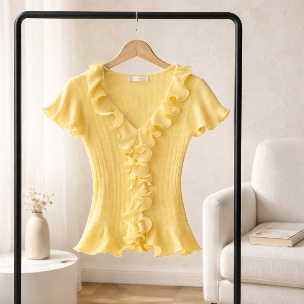 Sunny Ruffle – Gelbes Rüschen-Top & Strickjacke in Einheitsgröße Shirt Das Zierwerk