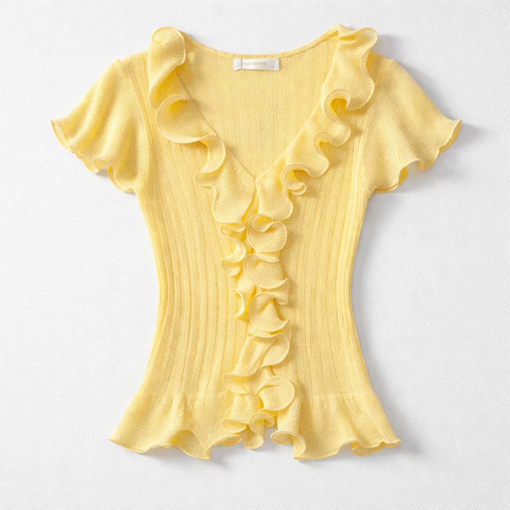 Sunny Ruffle – Gelbes Rüschen-Top & Strickjacke in Einheitsgröße Shirt Das Zierwerk