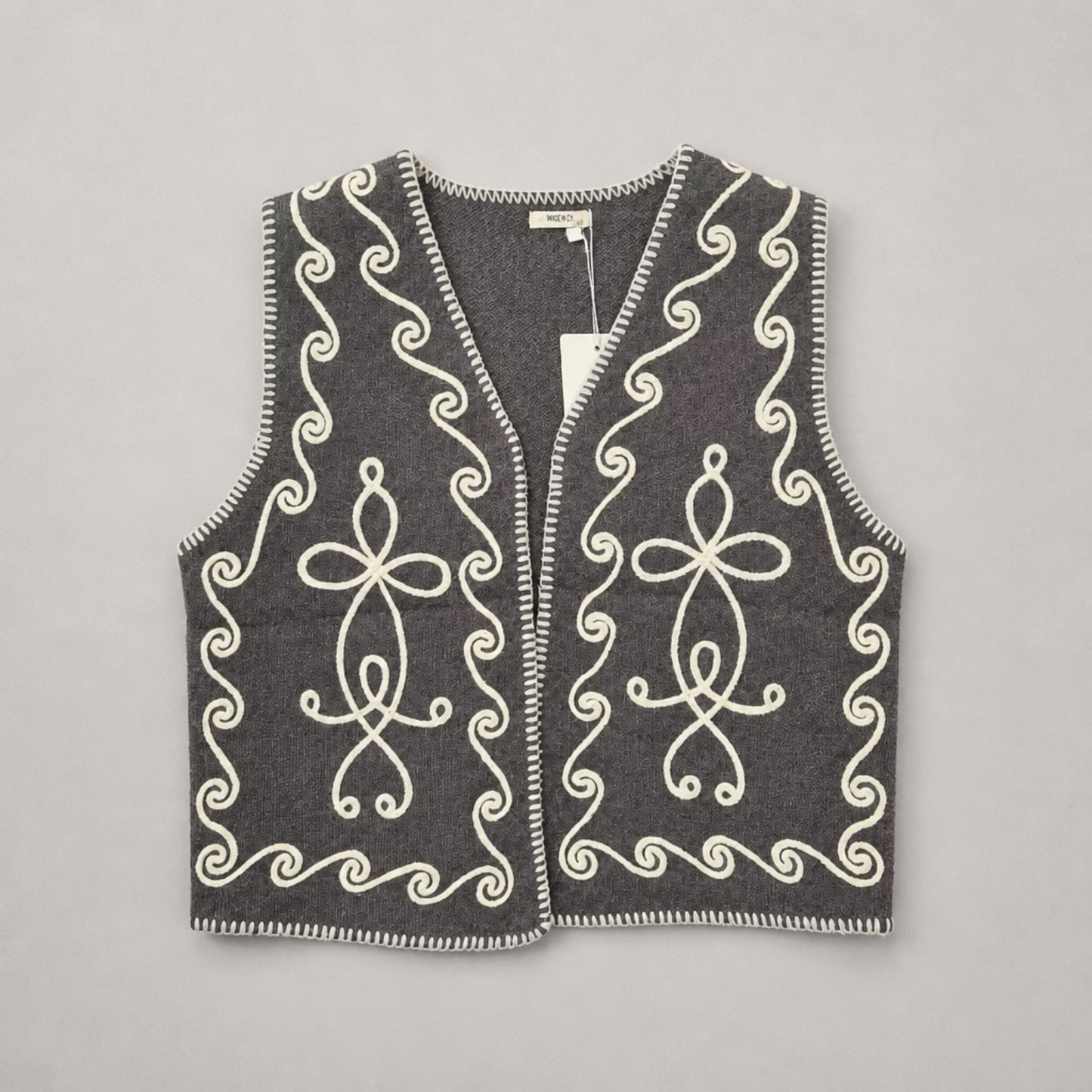 Strickweste mit Ornamentstickerei – Anthrazit & Creme Weste Das Zierwerk