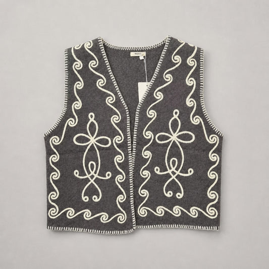 Strickweste mit Ornamentstickerei – Anthrazit & Creme Weste Das Zierwerk