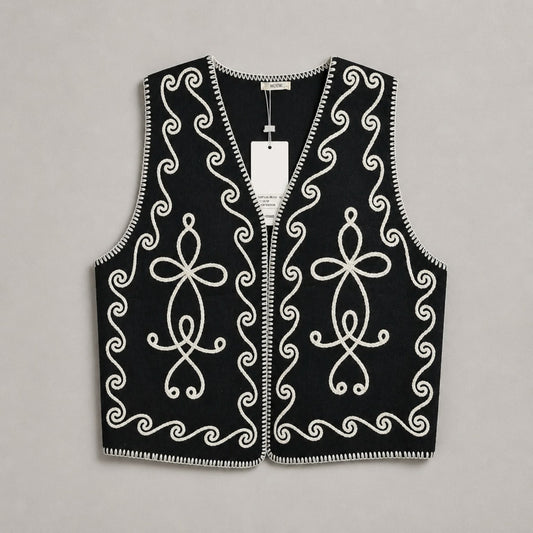 Strickweste mit Ornamentstickerei – Schwarz & Creme Weste Das Zierwerk