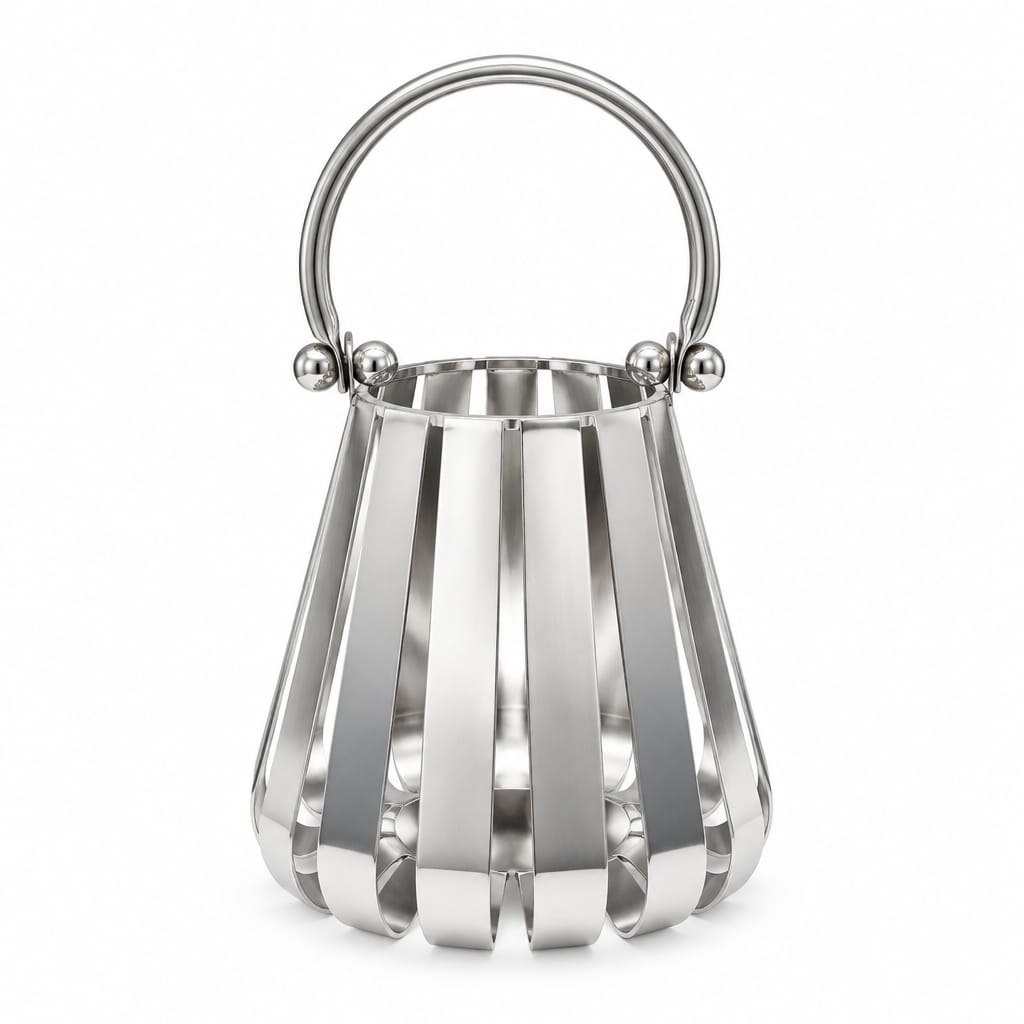 Silberne Metalllaterne mit offenem Korpus – 15 × 17,5 cm Windlicht Das Zierwerk