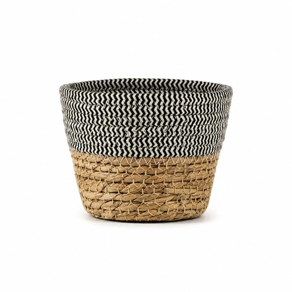 Aufbewahrungskorb aus Seegras mit Baumwollrand – Schwarz/Natur Ø 15 × H 12 cm Korb Das Zierwerk