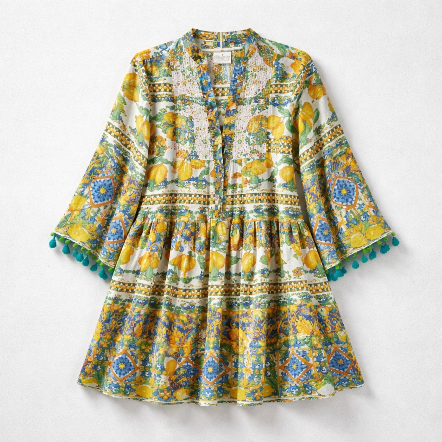 Bunte Boho-Tunika aus 100% Baumwolle mit Zitronen-Print und Pompon-Details Kleid Das Zierwerk