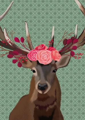 Postkarte – Hirsch mit Blumenkranz