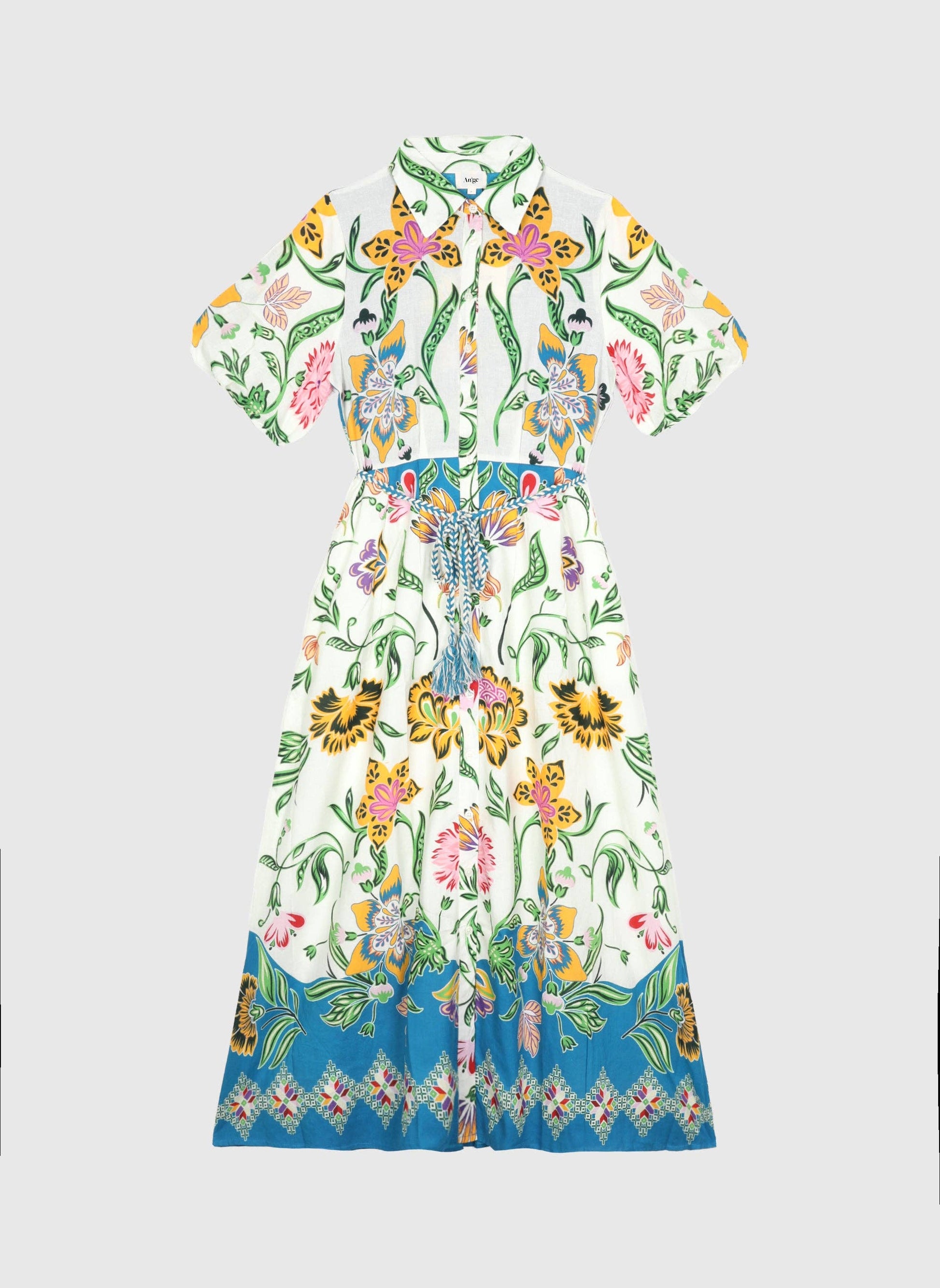 Langes Kleid „florius multico“ – Gr. S, bedruckt, Ballonärmel & Gürtel | An’ge An'ge