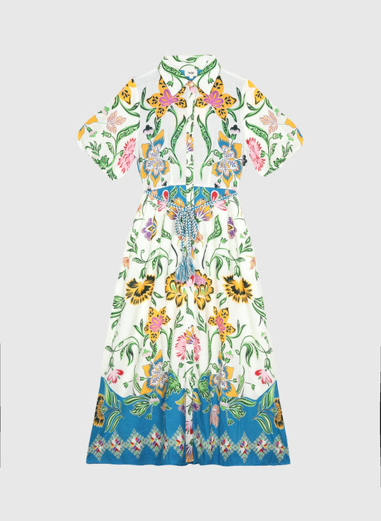 Langes Kleid „florius multico“ – Gr. S, bedruckt, Ballonärmel & Gürtel | An’ge An'ge