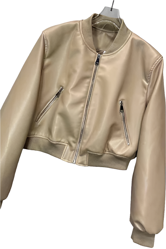 Taupefarbene Kunstleder-Bomberjacke im Cropped-Stil mit Zipper-Details für Damen
