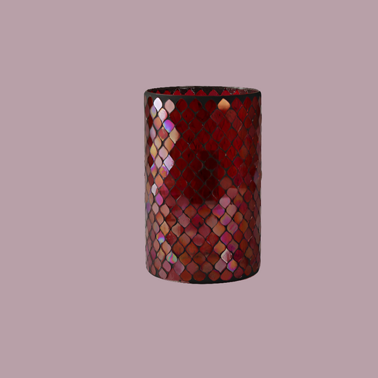 Windlicht aus Glas mit rotem Mosaik – Ø 8 cm, Höhe 9 cm