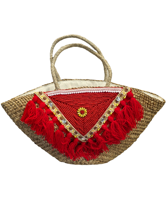 Boho Korbtasche mit roter Quastenborte – handverziert & ein echter Eyecatcher