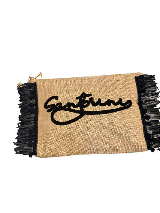 Clutch „Santorini“ aus Jute – mit Fransen & gesticktem Schriftzug