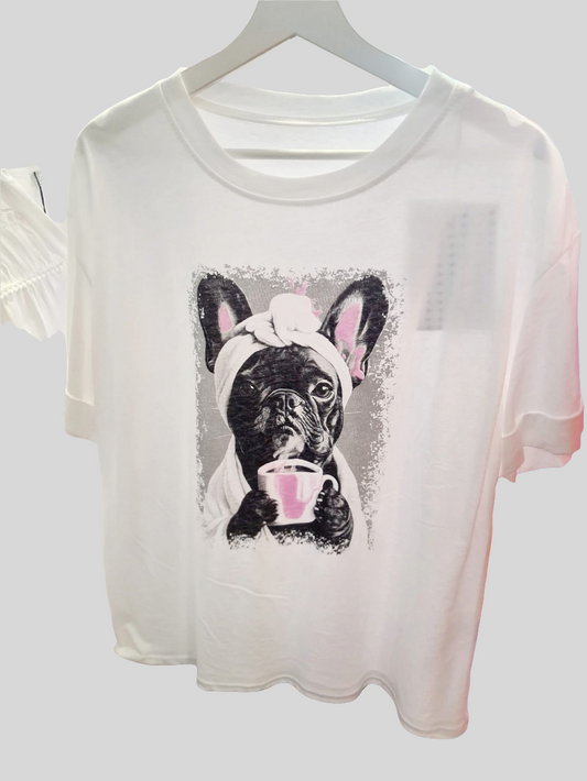 T-Shirt „Frenchie mit Kaffeetasse“