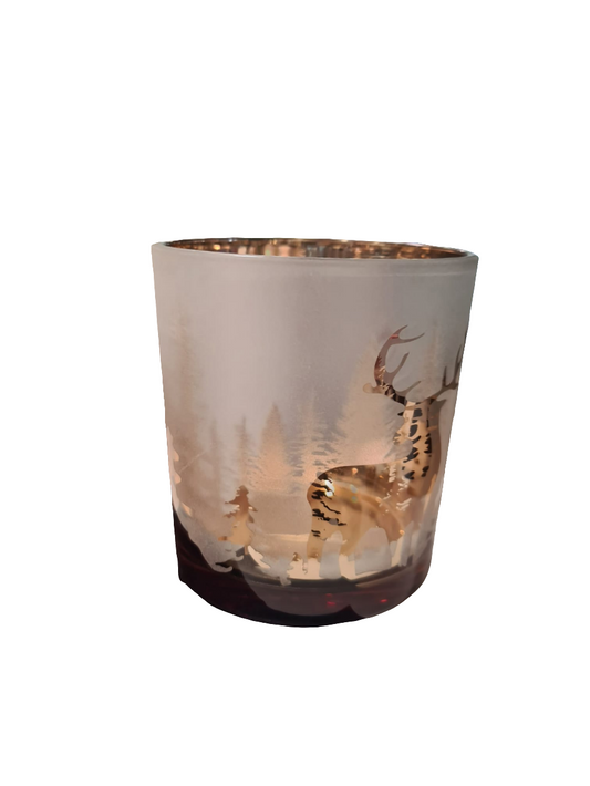 Windlicht Hirsch im Winterwald – Glas mit Goldmotiv