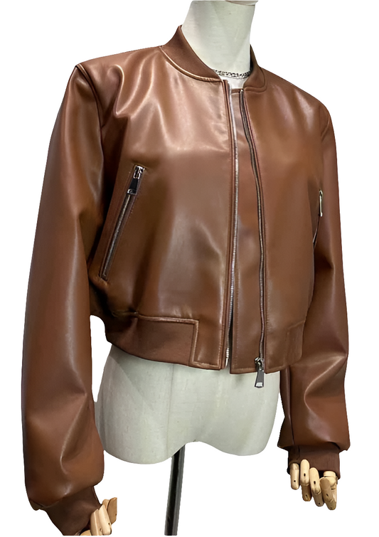 Cognacbraune Kunstleder-Bomberjacke im modernen Cropped-Stil für Damen