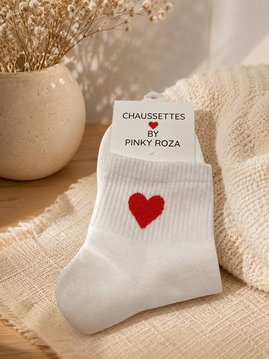 Baumwollsocke mit einem bestickten Herz: Blanc / Taille unique Pinky Roza