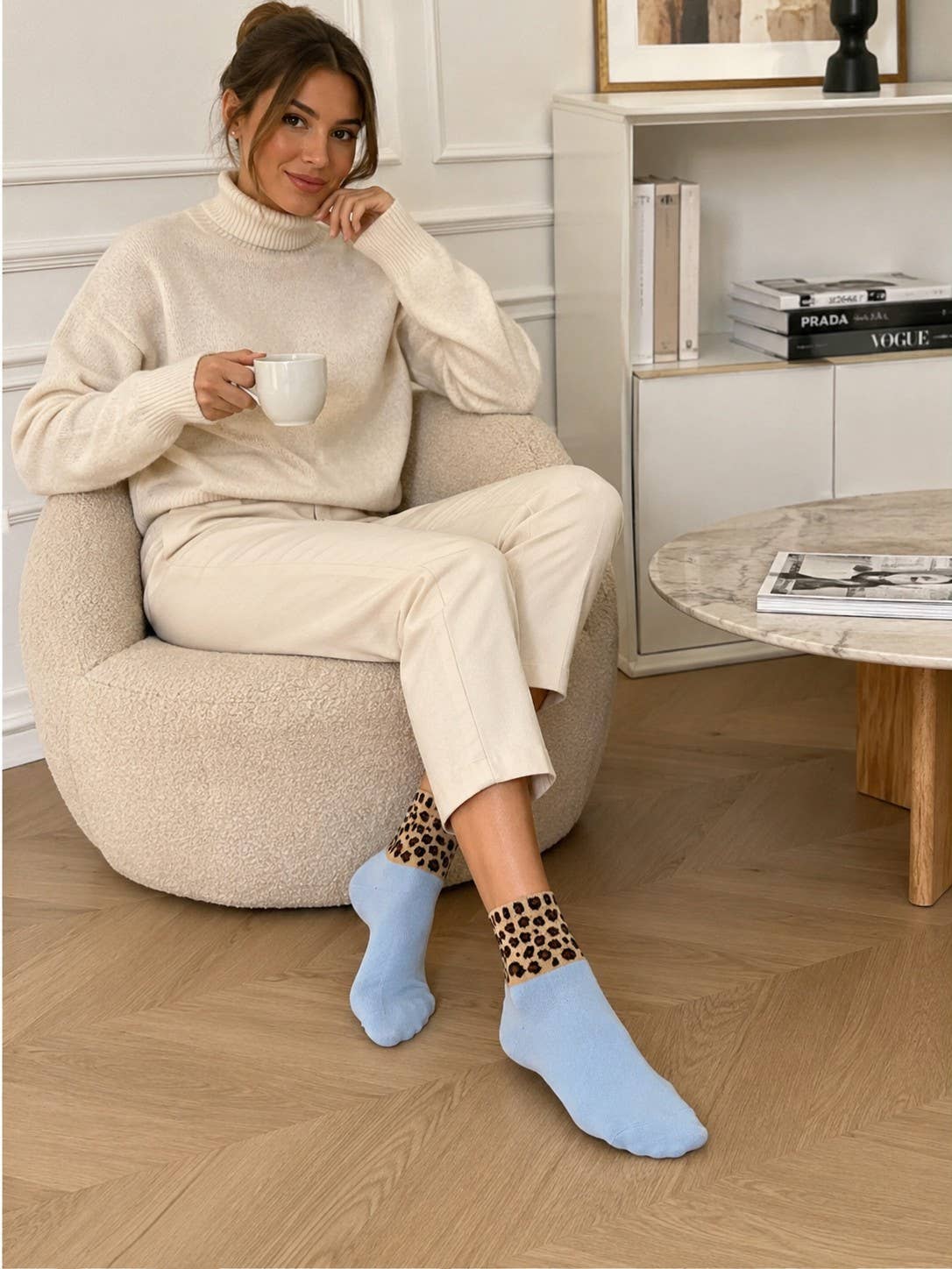 Baumwollsocke mit Leopardenmuster: Blau / Taille unique Pinky Roza