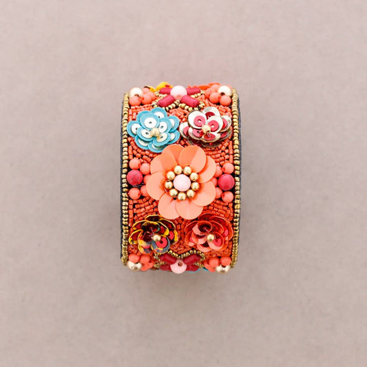 Statement-Armband „Blütenpracht“ – florales 3D-Design in Pink, Koralle & Türkis