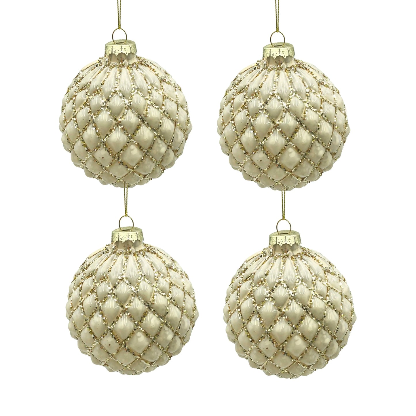Glas-Christbaumkugel Creme-Gold – Weihnachtskugel mit Rautenmuster