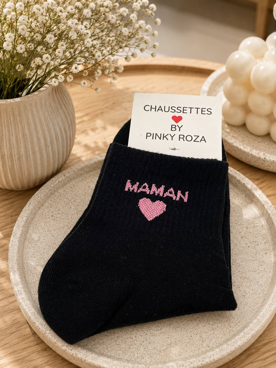 Baumwollsocke mit Aufschrift „Mama“ & Herz – Schwarz | Taille Unique Socke Pinky Roza