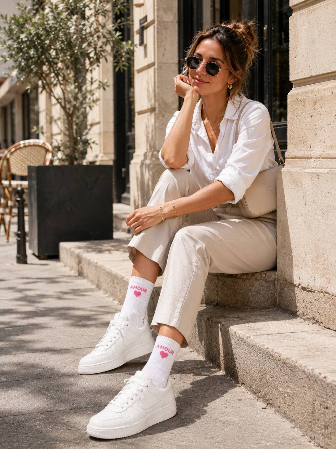 Socke mit der Aufschrift „amour“ und einem Herz aus Baumwolle: Weiß / Taille unique Pinky Roza