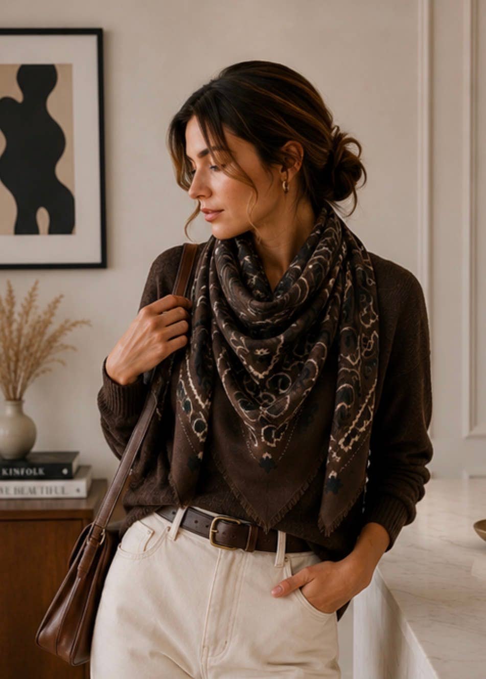 Woll-Carré mit Bandana-Muster – 110×100 cm | Café | LINETA Schal LINETA
