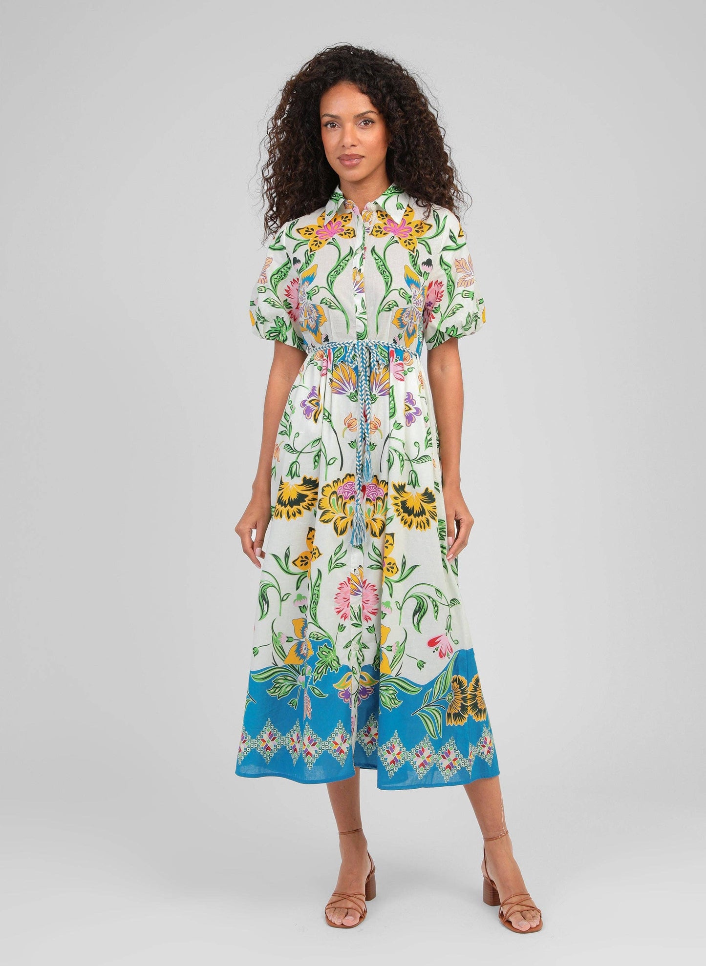 Langes Kleid „florius multico“ – Gr. S, bedruckt, Ballonärmel & Gürtel | An’ge An'ge