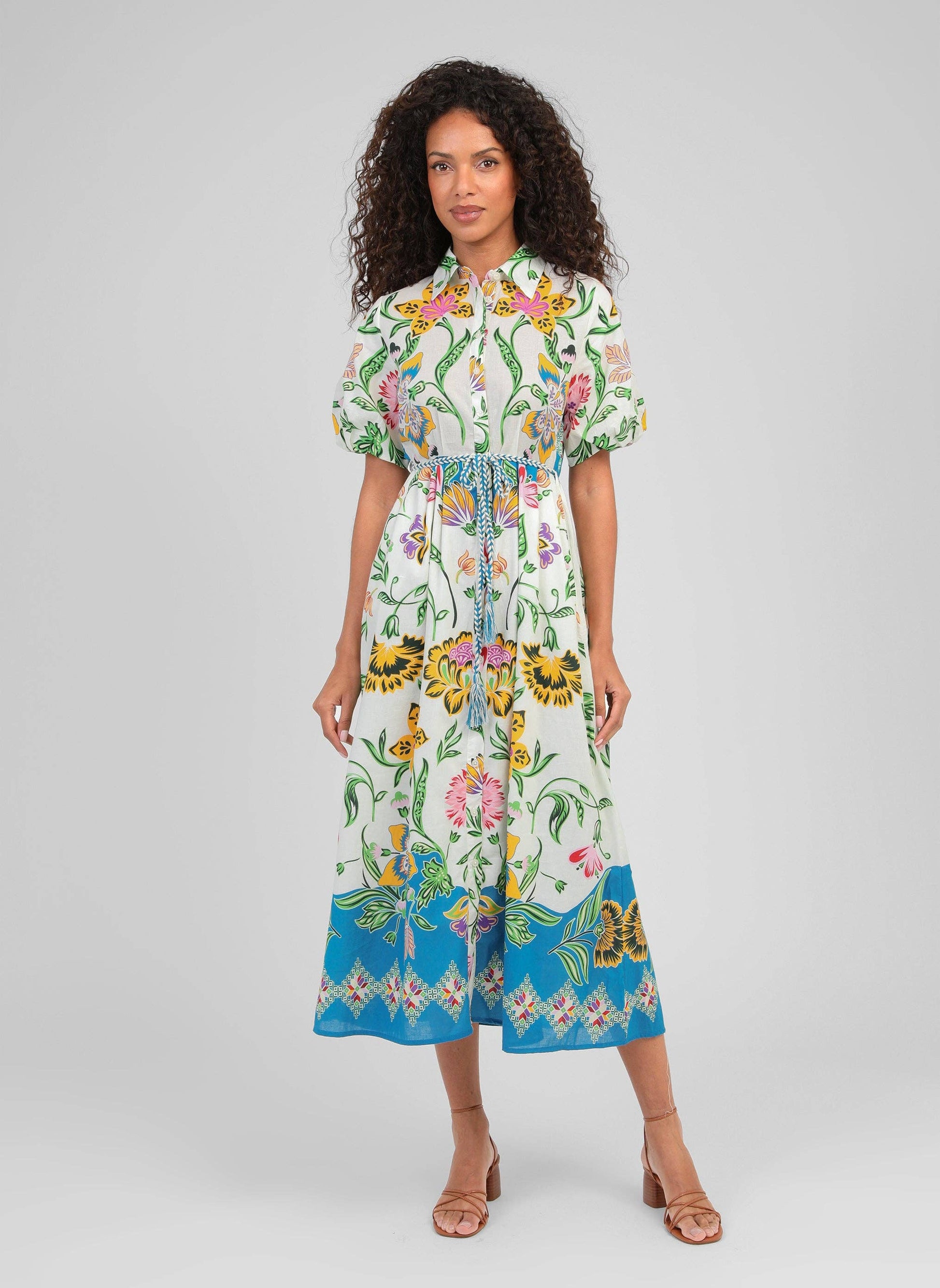 Langes Kleid „florius multico“ – Gr. S, bedruckt, Ballonärmel & Gürtel | An’ge An'ge