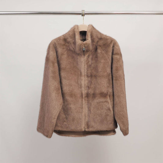 Kunstpelzjacke mit hohem Kragen – Taupe