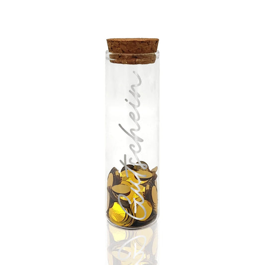 Geldgeschenk-Röhrchen „GUTSCHEIN“ – Silber mit goldenem Konfetti Geldgeschenk Das Zierwerk