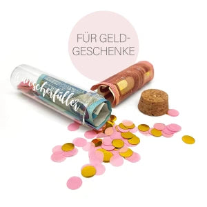 Geldgeschenk-Röhrchen „WUNSCHERFÜLLER“ – Weiß mit rosa Konfetti Geldgeschenk Das Zierwerk
