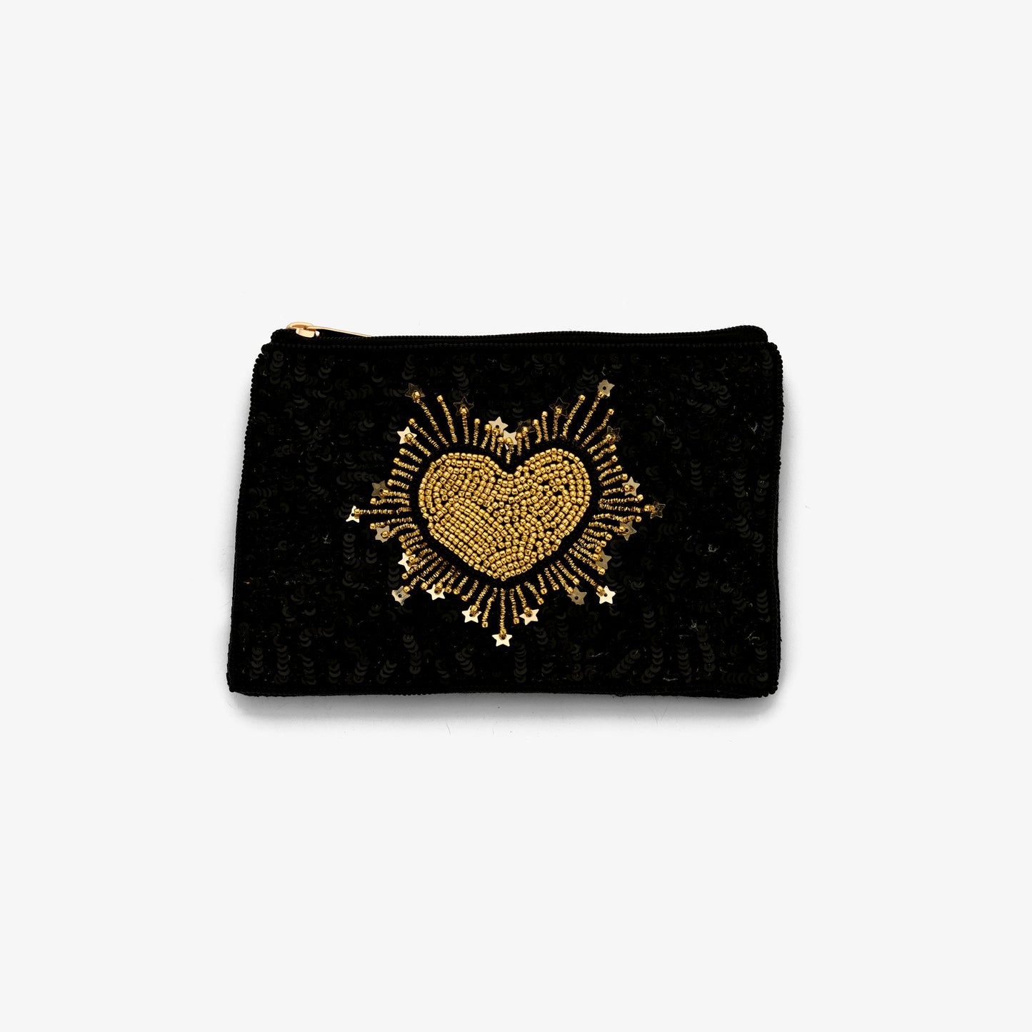 Kleine Pouch Schwarz mit goldenem Herz, Perlen & Pailletten