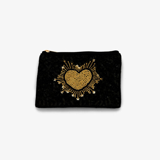Kleine Pouch Schwarz mit goldenem Herz, Perlen & Pailletten Clutch Biba