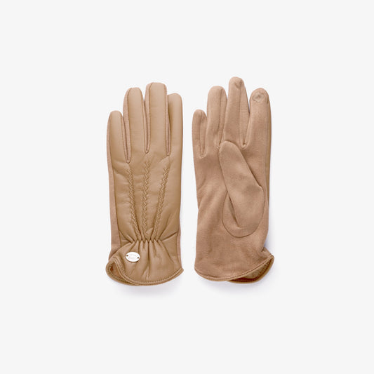 Damenhandschuhe Beige – Glattleder-Optik & Stoff, Einheitsgröße