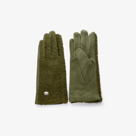 Damenhandschuhe Olivgrün – Teddyfell-Optik & Stoff, Einheitsgröße