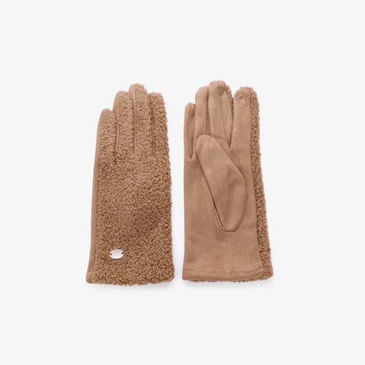 Damenhandschuhe Beige – Teddyfell-Optik & Stoff, Einheitsgröße