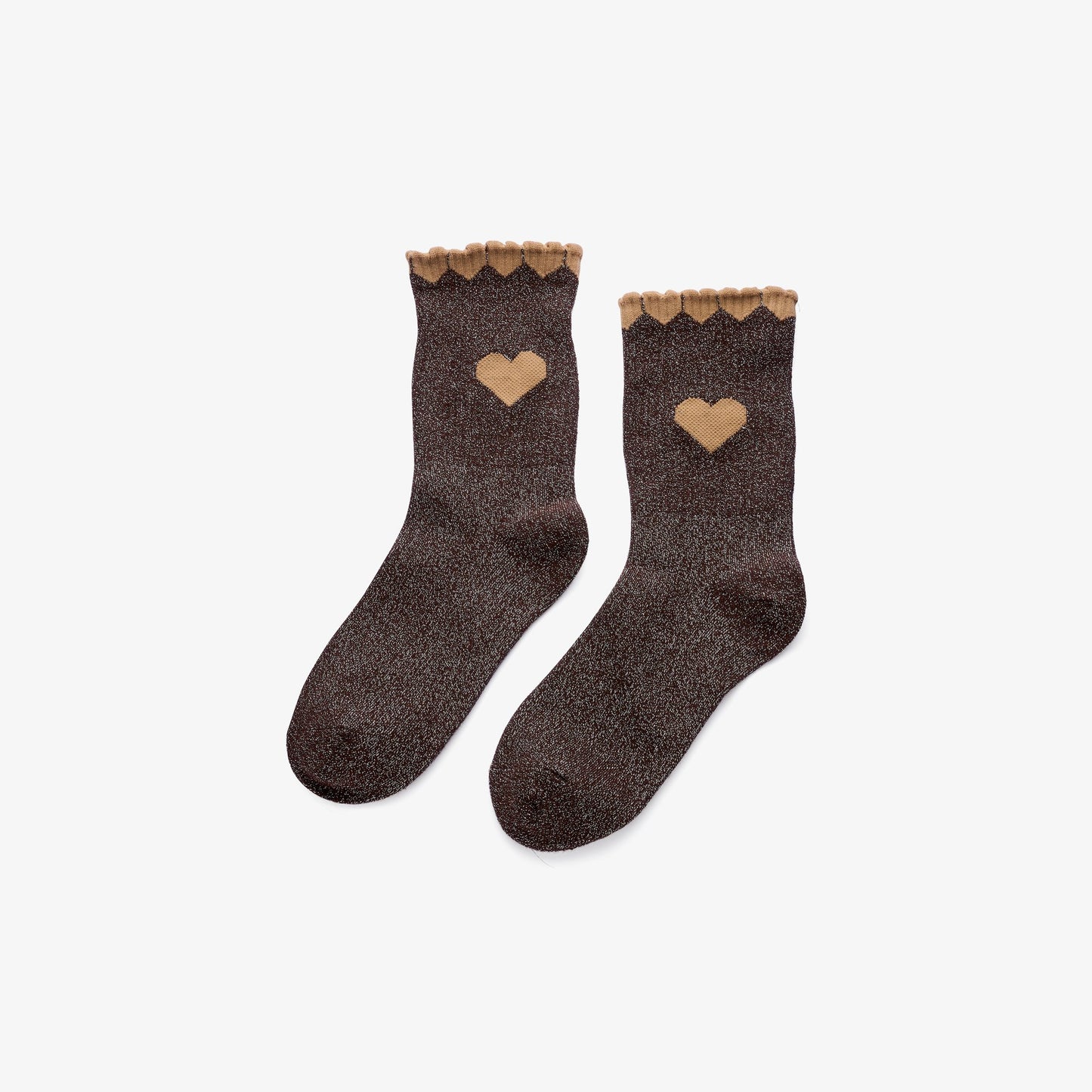 Glitzer-Socken mit Herzdetail in Dunkelbraun & Camel