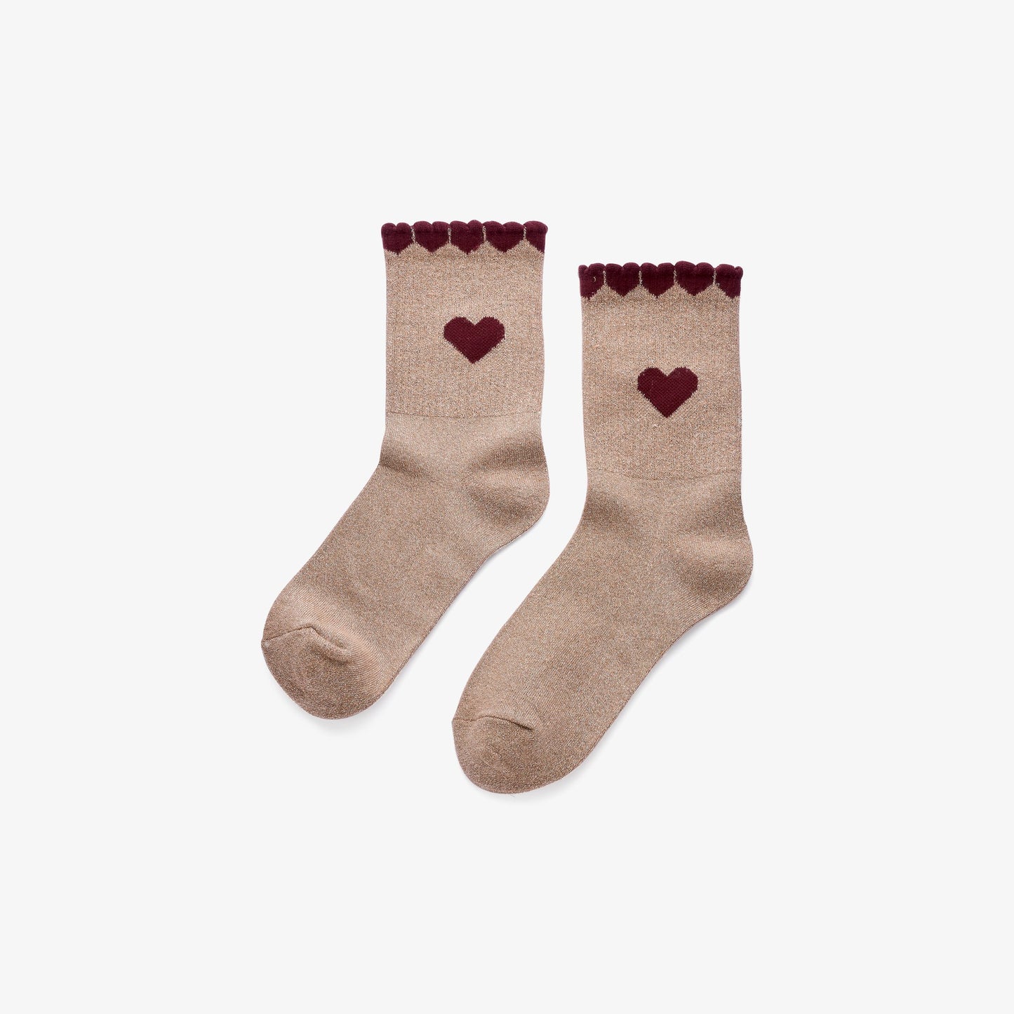 Glitzer-Socken mit Herzdetail in Beige & Bordeaux