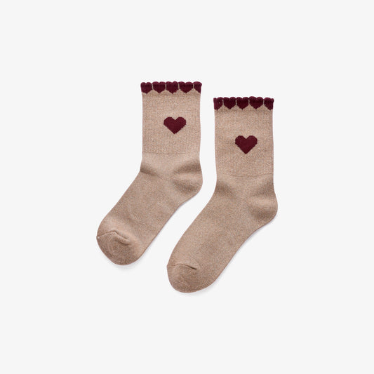 Glitzer-Socken mit Herzdetail in Beige & Bordeaux Socken Das Zierwerk
