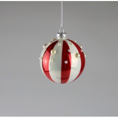 Rot-weiße Glaskugel mit Streifen und dekorativen Perlen Weihnachtsdekoration Das Zierwerk