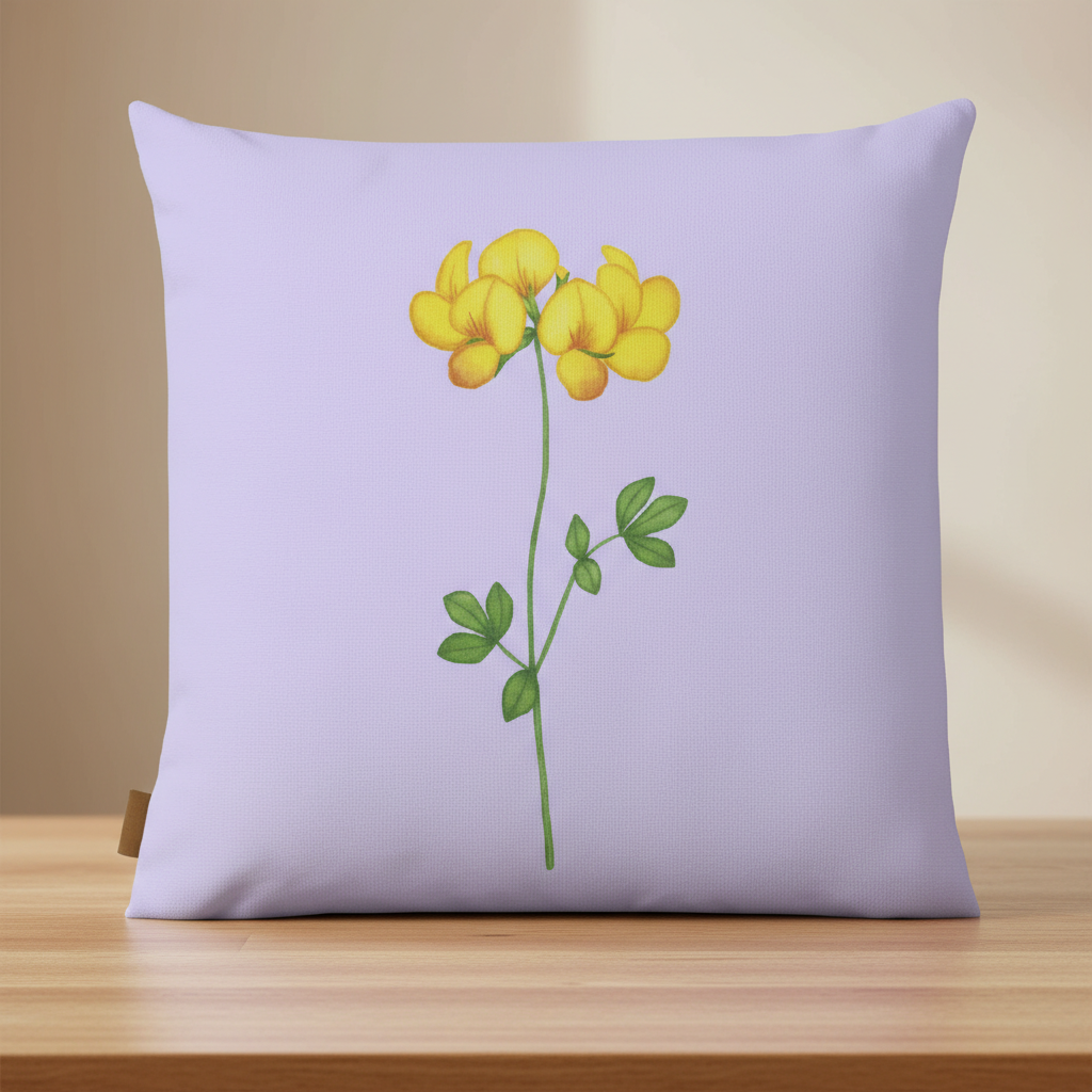 Dekokissen "Hornklee" – florales Design auf fliederfarbenem Grund Kissen Das Zierwerk