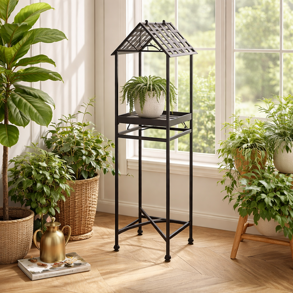 Blumensäule mit Dach – Metallregal im Gewächshaus-Stil Pflanzgefäß Das Zierwerk