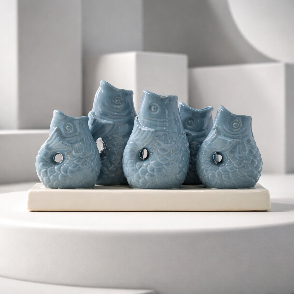 5 Väschen „Fische“ auf Tablett aus Keramik – Blau Vase Das Zierwerk