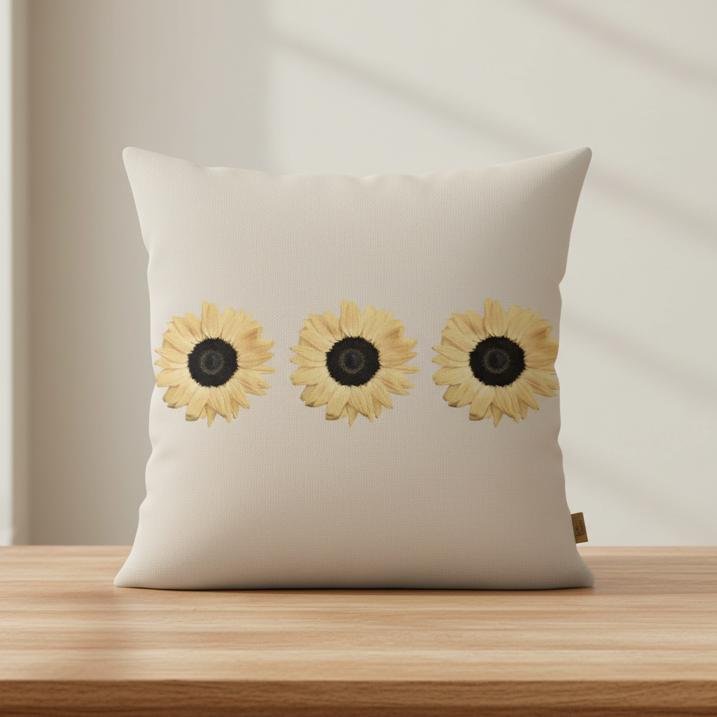 Dekokissen "Sunflower Trio" – Sonnenblumen auf sandfarbenem Hintergrund Kissen Das Zierwerk