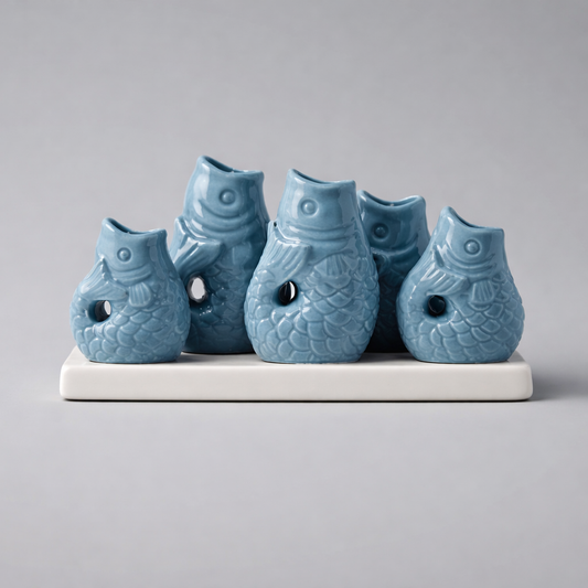 5 Väschen „Fische“ auf Tablett aus Keramik – Blau Vase Das Zierwerk