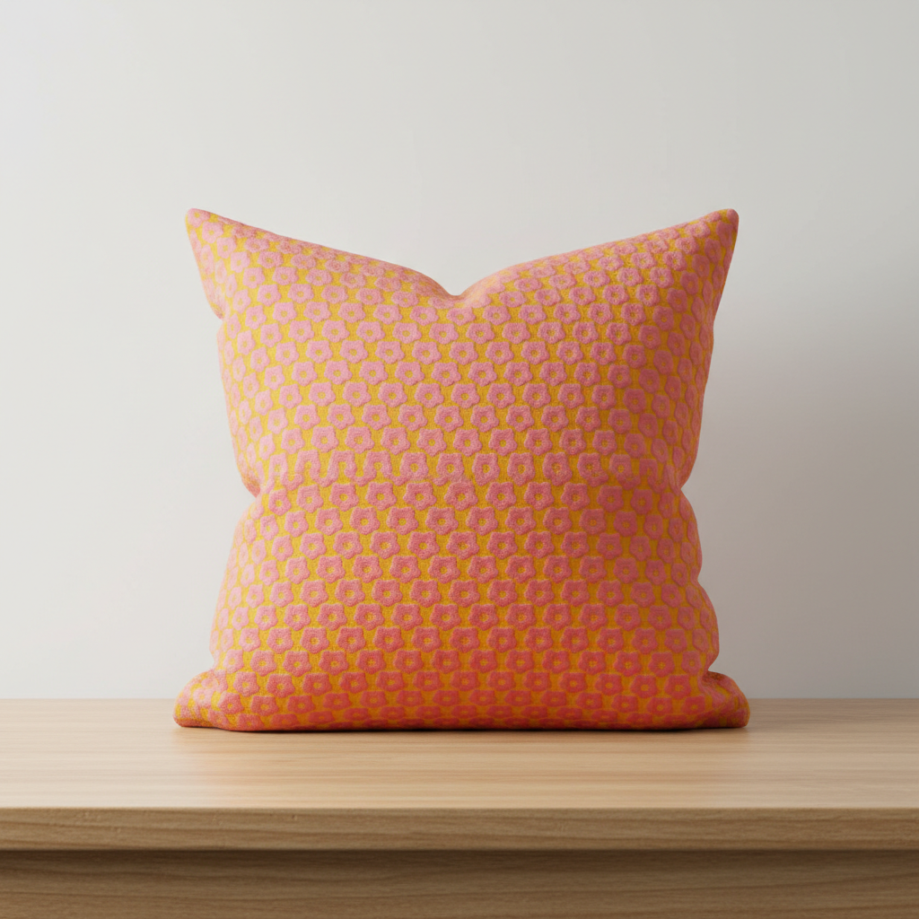 Zierkissen „Flora Pop“ – Pink-Orange mit Retro-Blütenmuster Kissen Das Zierwerk