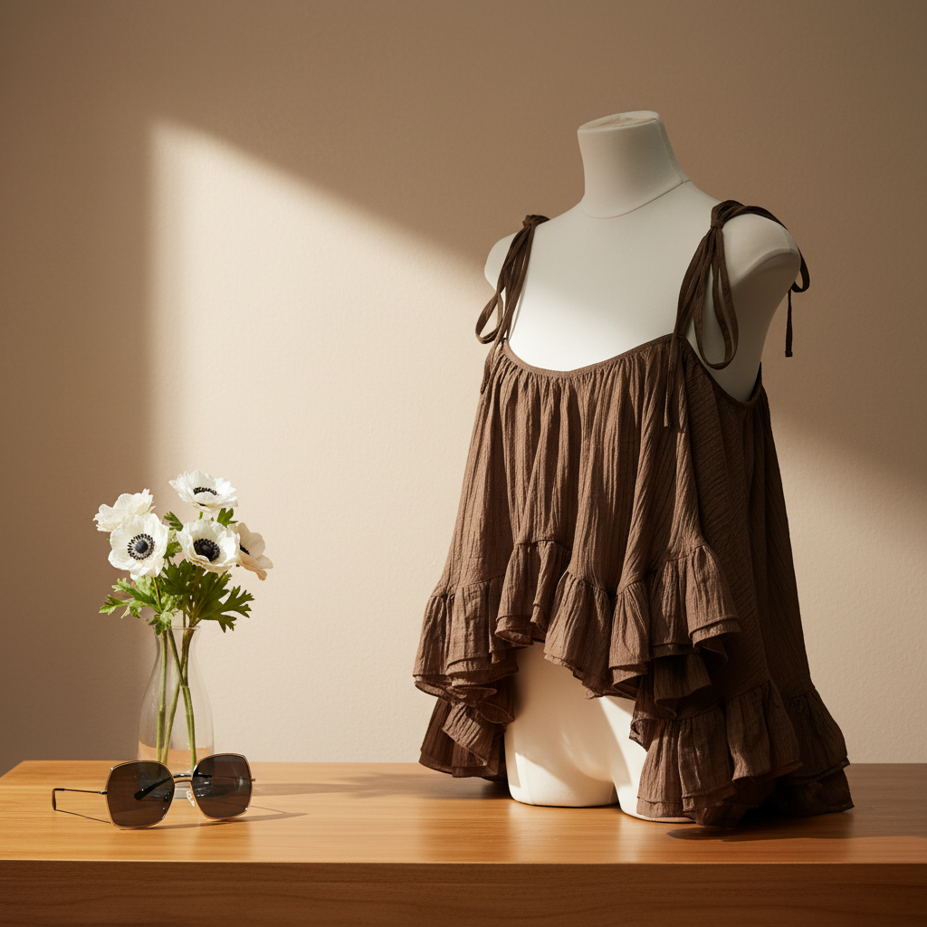 Luftiges Trägertop mit Volants – Seide & Nylon – Braun Bluse Das Zierwerk