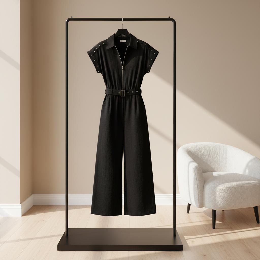 Eleganter schwarzer Jumpsuit mit Gürtel und Nieten-Details (Größe S) Jumpsuit Das Zierwerk